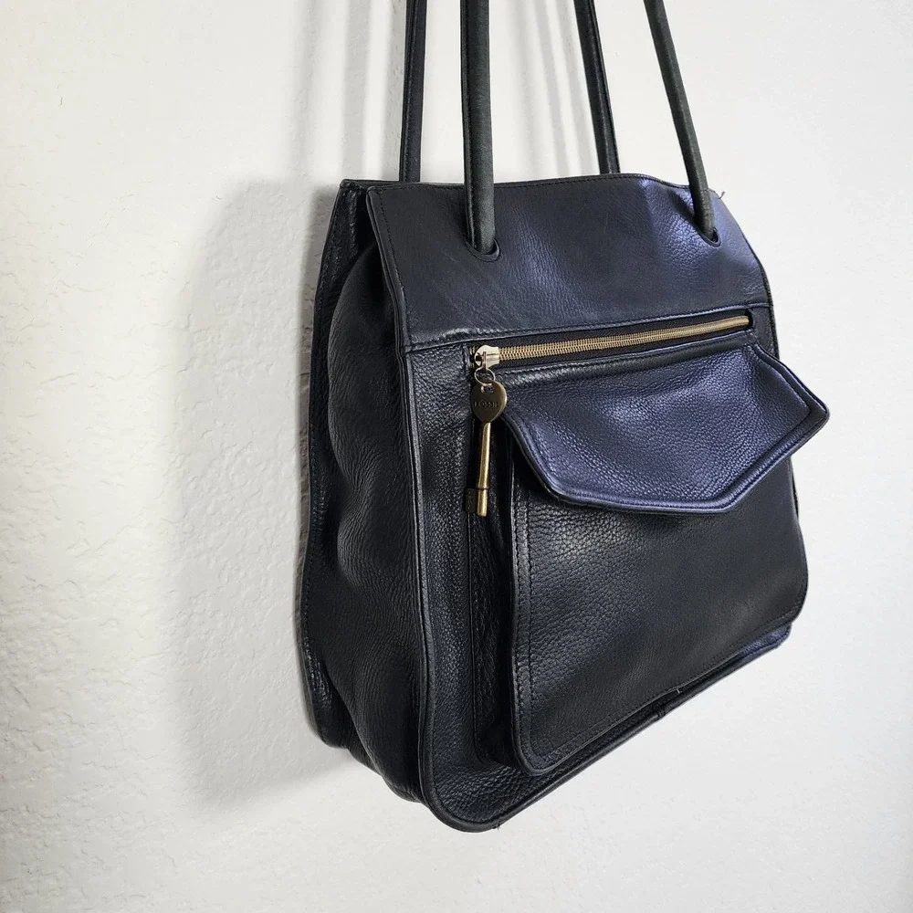 Vintage Fossil Black Pebbled Leather Shoulder bag Hand bag Purse 75082 11X11